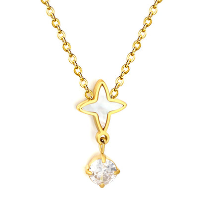 Dainty Celestial  Shell Inlaid Four Point Star Drop Crystal Pendant Rolo Chain Necklace | K Gold Plated Hypoallergenic Stainless Steel | Wholesale MOQ 12