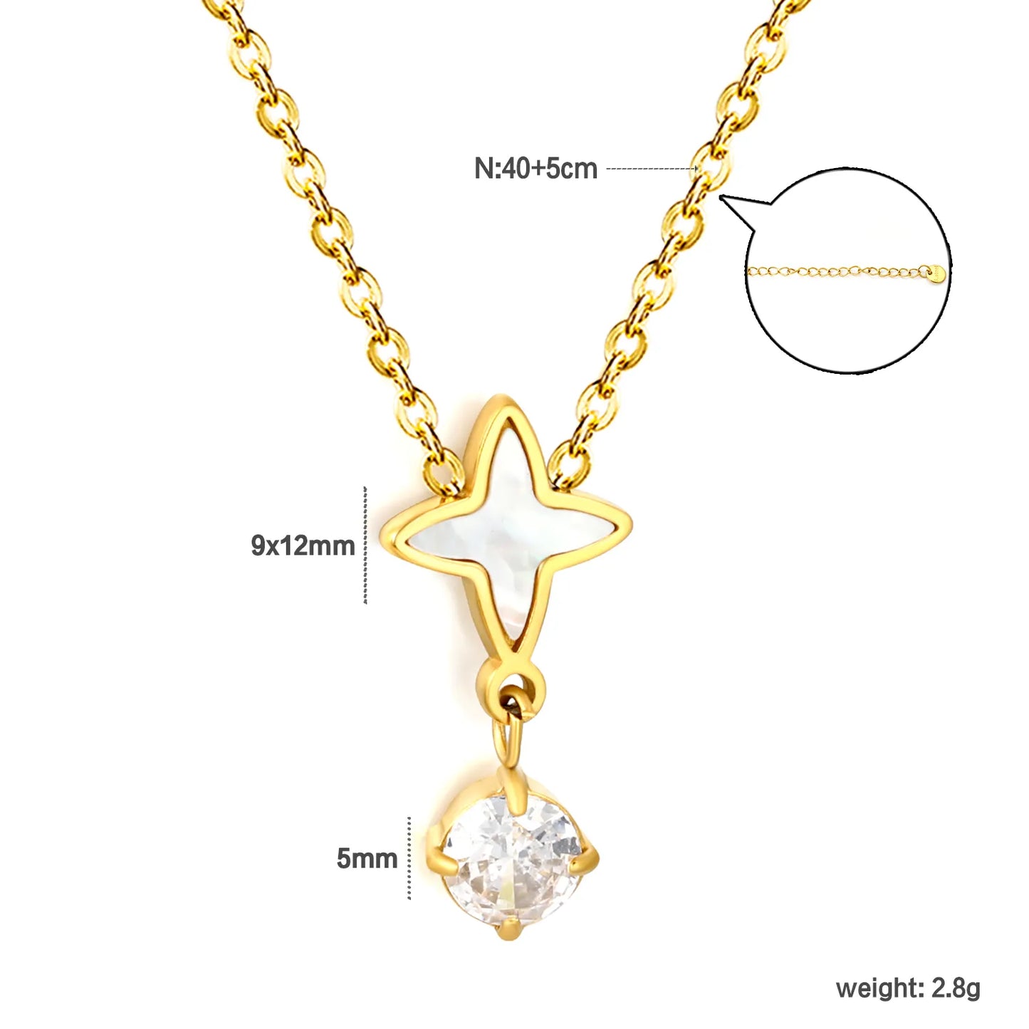 Dainty Celestial  Shell Inlaid Four Point Star Drop Crystal Pendant Rolo Chain Necklace | K Gold Plated Hypoallergenic Stainless Steel | Wholesale MOQ 12