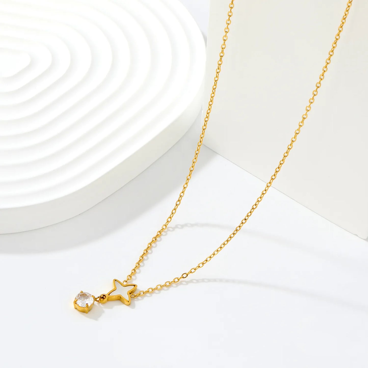 Dainty Celestial  Shell Inlaid Four Point Star Drop Crystal Pendant Rolo Chain Necklace | K Gold Plated Hypoallergenic Stainless Steel | Wholesale MOQ 12