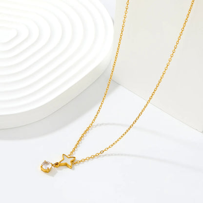 Dainty Celestial  Shell Inlaid Four Point Star Drop Crystal Pendant Rolo Chain Necklace | K Gold Plated Hypoallergenic Stainless Steel | Wholesale MOQ 12