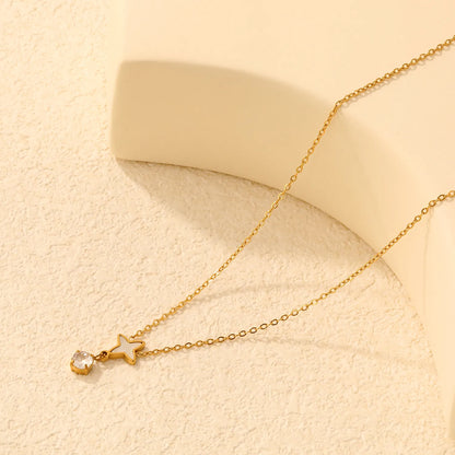 Dainty Celestial  Shell Inlaid Four Point Star Drop Crystal Pendant Rolo Chain Necklace | K Gold Plated Hypoallergenic Stainless Steel | Wholesale MOQ 12