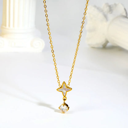 Dainty Celestial  Shell Inlaid Four Point Star Drop Crystal Pendant Rolo Chain Necklace | K Gold Plated Hypoallergenic Stainless Steel | Wholesale MOQ 12