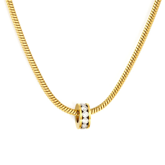 Sleek Minimalist Single Row Crystal Rolling Bead Pendant Flat Snake Chain Necklace | 18K Gold Plated Skin Friendly Stainless Steel | Bulk Order MOQ 12