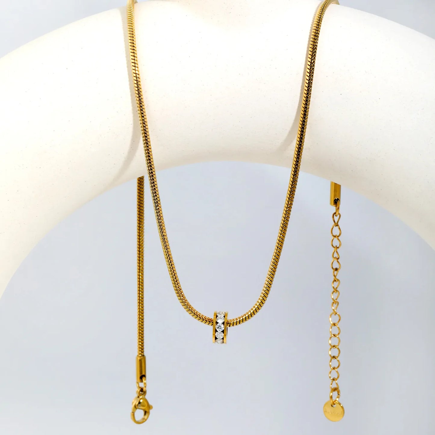 Sleek Minimalist Single Row Crystal Rolling Bead Pendant Flat Snake Chain Necklace | 18K Gold Plated Skin Friendly Stainless Steel | Bulk Order MOQ 12