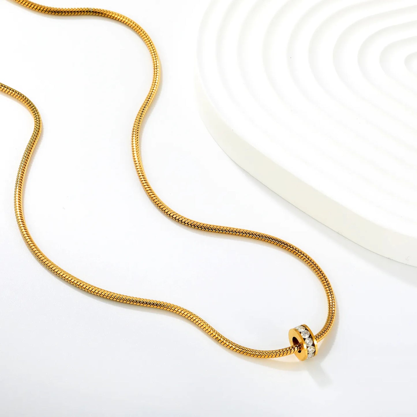 Sleek Minimalist Single Row Crystal Rolling Bead Pendant Flat Snake Chain Necklace | 18K Gold Plated Skin Friendly Stainless Steel | Bulk Order MOQ 12
