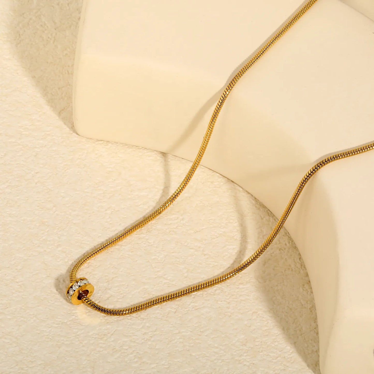 Sleek Minimalist Single Row Crystal Rolling Bead Pendant Flat Snake Chain Necklace | 18K Gold Plated Skin Friendly Stainless Steel | Bulk Order MOQ 12