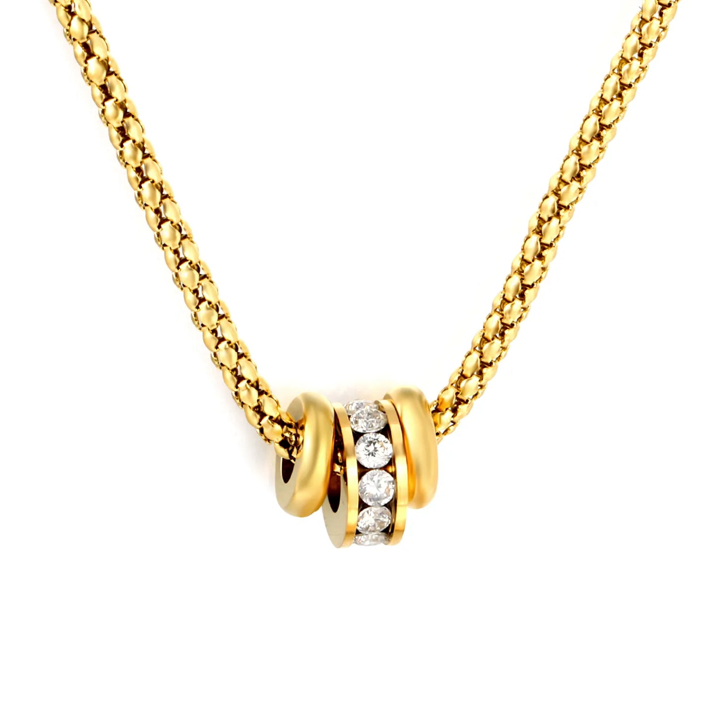 Minimalist Luxury Three Layer Rolling Rhinestone Barrel Pendant Box Chain Necklace | 18K Gold Plated Hypoallergenic Stainless Steel | MOQ 12