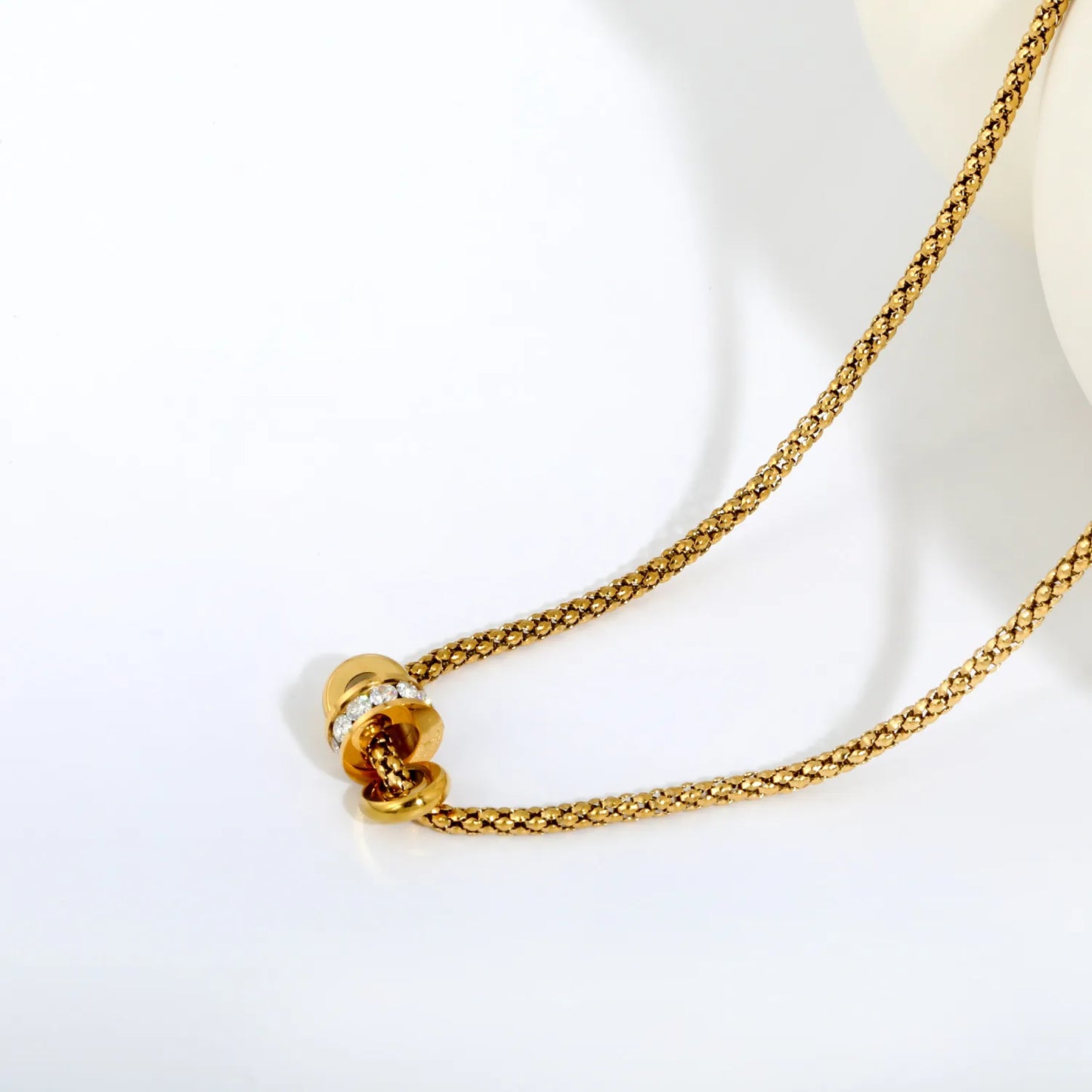 Minimalist Luxury Three Layer Rolling Rhinestone Barrel Pendant Box Chain Necklace | 18K Gold Plated Hypoallergenic Stainless Steel | MOQ 12