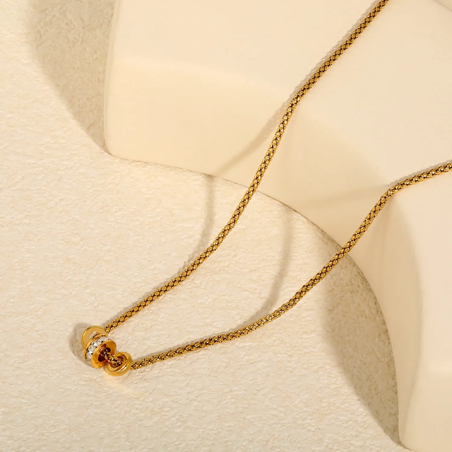 Minimalist Luxury Three Layer Rolling Rhinestone Barrel Pendant Box Chain Necklace | 18K Gold Plated Hypoallergenic Stainless Steel | MOQ 12