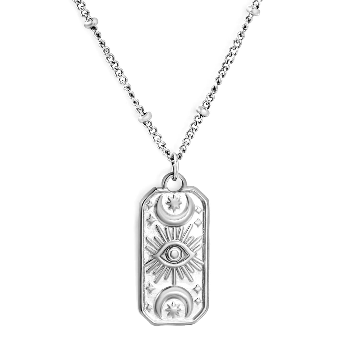 Mystical Witchy Boho Vintage Tarot Evil Eye Dog Tag Pendant Beaded Rolo Chain Necklace | Gold & Silve