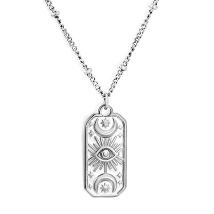 Mystical Witchy Boho Vintage Tarot Evil Eye Dog Tag Pendant Beaded Rolo Chain Necklace | Gold & Silve