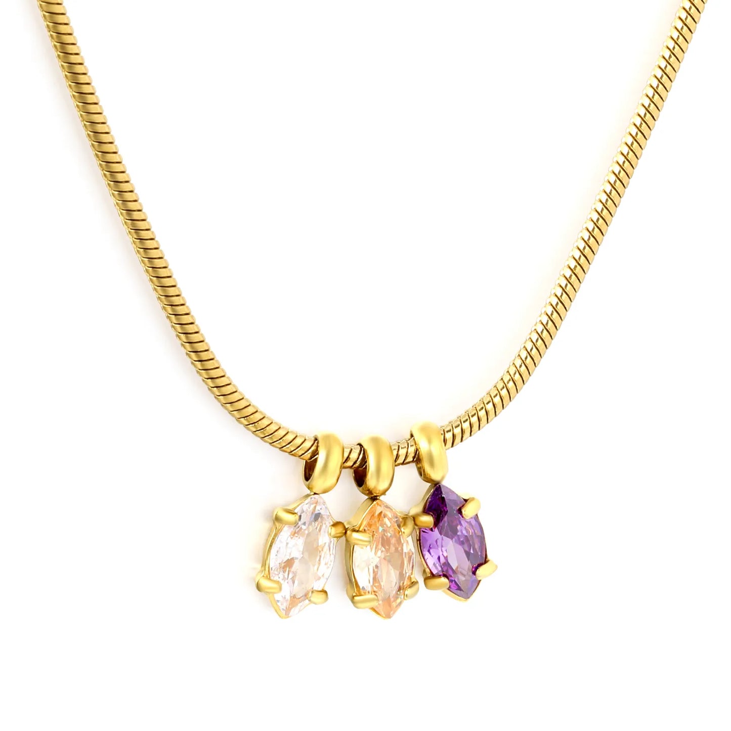 Glamorous Three Marquise Multicolor Crystal Pendant Snake Chain Necklace with Adjustable Extension Chain