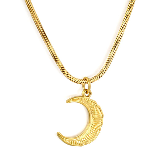 Minimalist Celestial Daily Layering Jewelry Textured Crescent Moon Pendant Snake Chain Necklace | Adjustable Extension Chain |