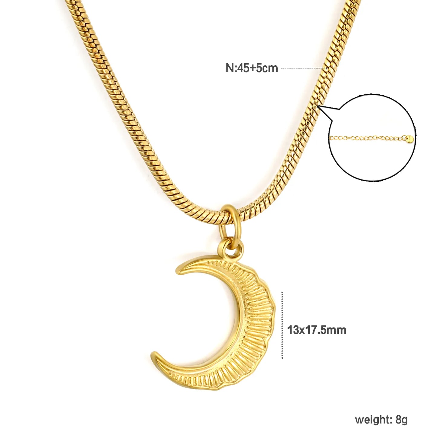 Minimalist Celestial Daily Layering Jewelry Textured Crescent Moon Pendant Snake Chain Necklace | Adjustable Extension Chain |