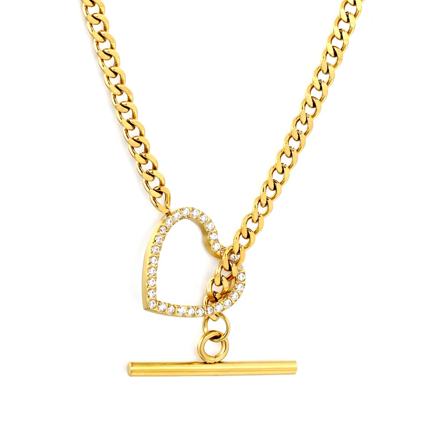 Bold Rhinestone Hollow Heart Toggle Clasp Curb Chain Choker Necklace | Statement Layering Jewelry Wholesale MOQ 12