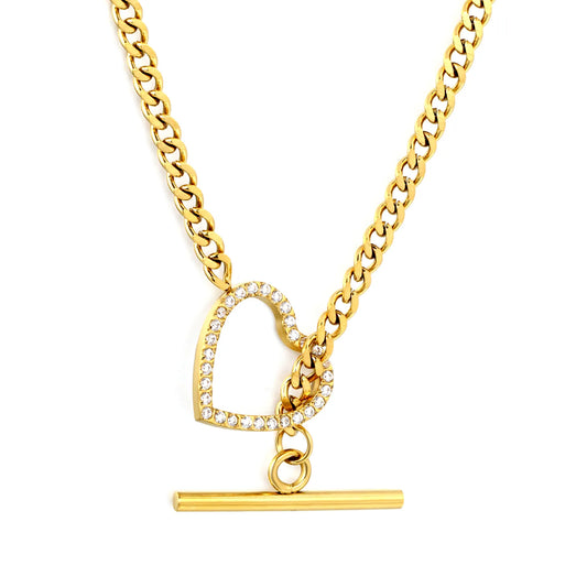 Bold Rhinestone Hollow Heart Toggle Clasp Curb Chain Choker Necklace | Statement Layering Jewelry Wholesale MOQ 12