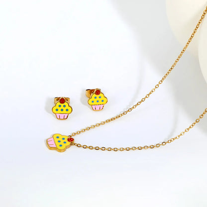 Color Enamel Cupcake Cartoon Matching Jewelry Set Necklace & Stud Earrings | Kids Dessert Themed Accessory Kit | 40+5cm Adjustable Cable Chain