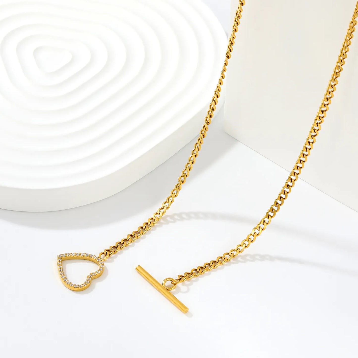 Bold Rhinestone Hollow Heart Toggle Clasp Curb Chain Choker Necklace | Statement Layering Jewelry Wholesale MOQ 12