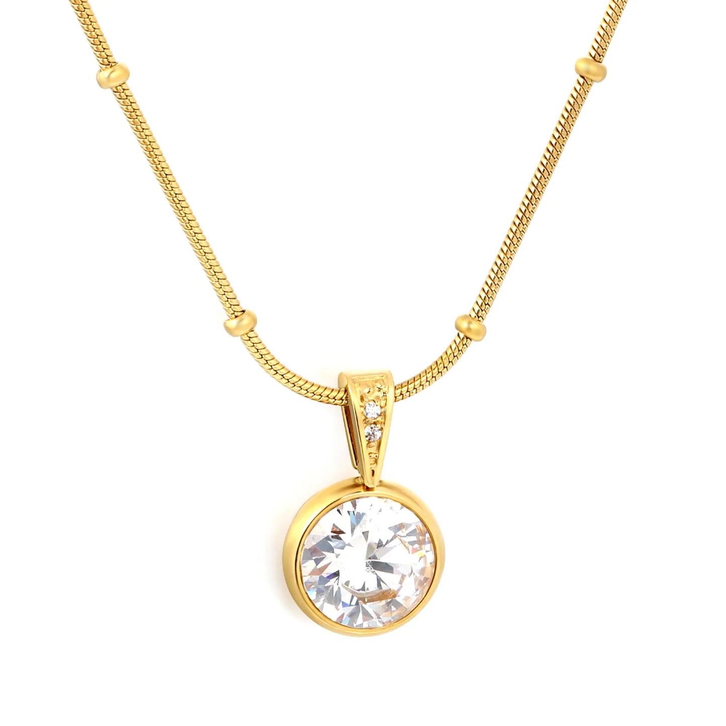 Elegant Dainty Birthstone Round Crystal Pendant Necklace with Beaded Flat Snake Chain | 4 Color Gemstone Options |