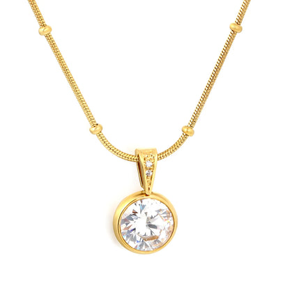 Elegant Dainty Birthstone Round Crystal Pendant Necklace with Beaded Flat Snake Chain | 4 Color Gemstone Options |