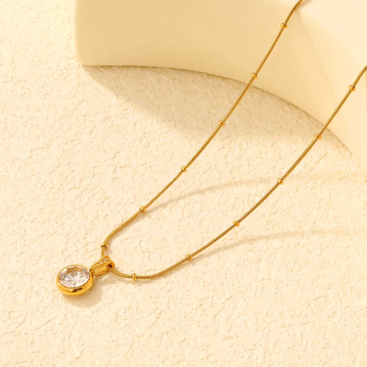 Elegant Dainty Birthstone Round Crystal Pendant Necklace with Beaded Flat Snake Chain | 4 Color Gemstone Options |