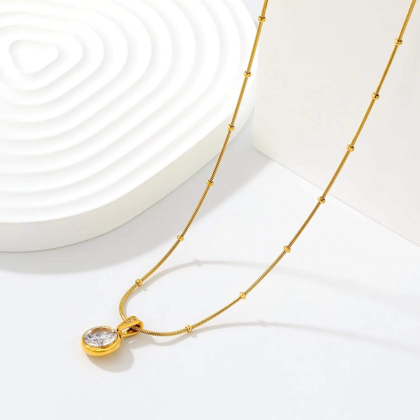 Elegant Dainty Birthstone Round Crystal Pendant Necklace with Beaded Flat Snake Chain | 4 Color Gemstone Options |