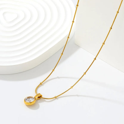 Elegant Dainty Birthstone Round Crystal Pendant Necklace with Beaded Flat Snake Chain | 4 Color Gemstone Options |