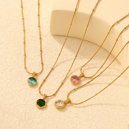 Elegant Dainty Birthstone Round Crystal Pendant Necklace with Beaded Flat Snake Chain | 4 Color Gemstone Options |