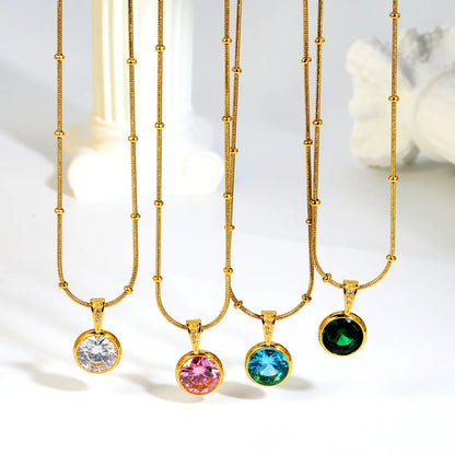 Elegant Dainty Birthstone Round Crystal Pendant Necklace with Beaded Flat Snake Chain | 4 Color Gemstone Options |