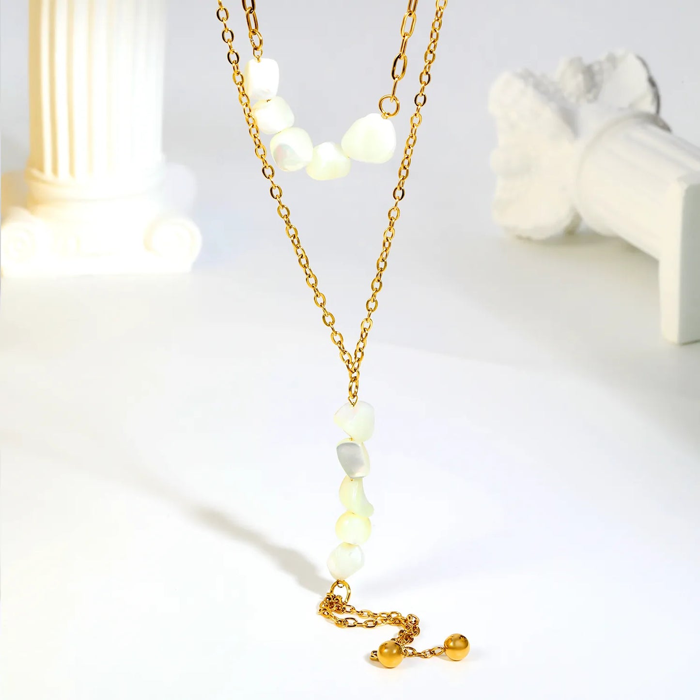 Double Layer Natural Stone Bead Y Drop Lariat Necklace Tassel Ball End Design | Multi Color Options | Boho Summer Beach Layering Jewelry