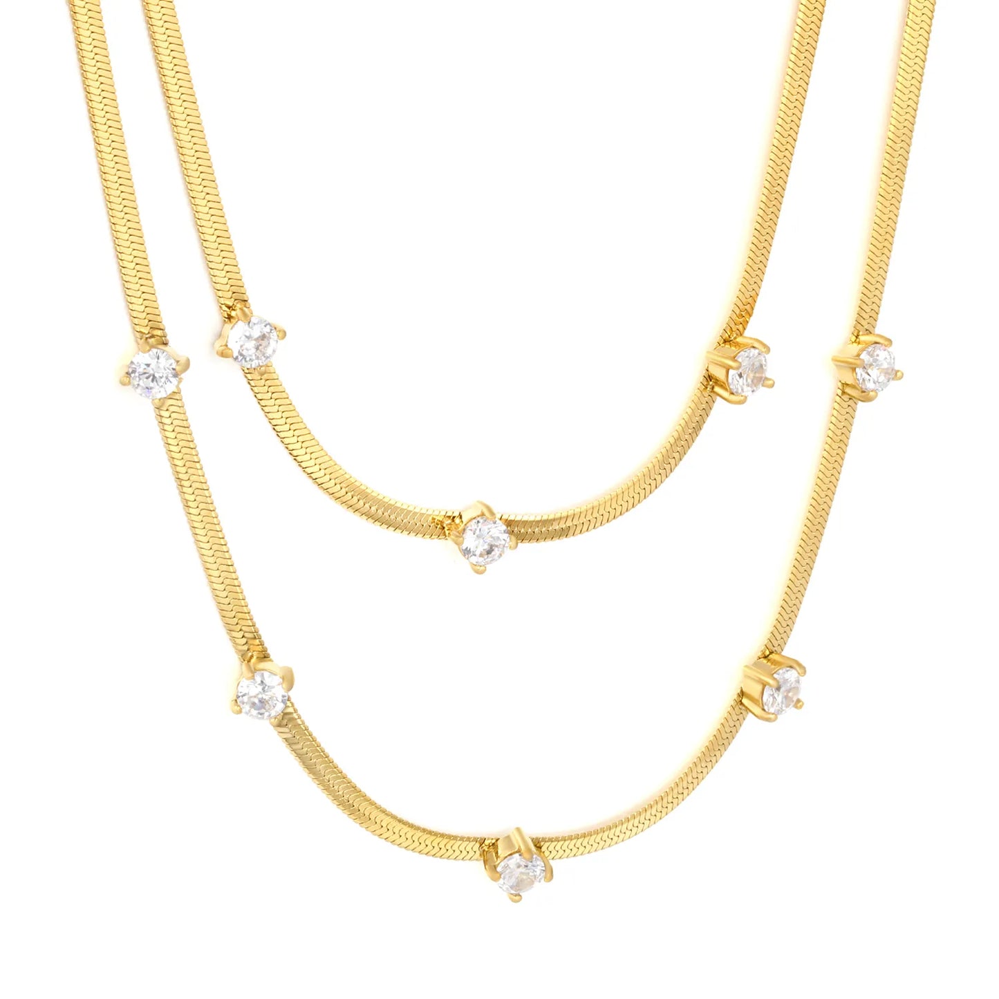 Two Layer Paved 3mm Round Zircon Flat Snake Chain Necklace | 18K Gold Plated Hypoallergenic Stainless Steel Dainty Stackable Necklaces Wholesale Bulk Supply