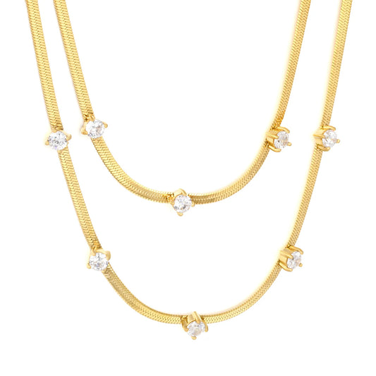 Two Layer Paved 3mm Round Zircon Flat Snake Chain Necklace | 18K Gold Plated Hypoallergenic Stainless Steel Dainty Stackable Necklaces Wholesale Bulk Supply