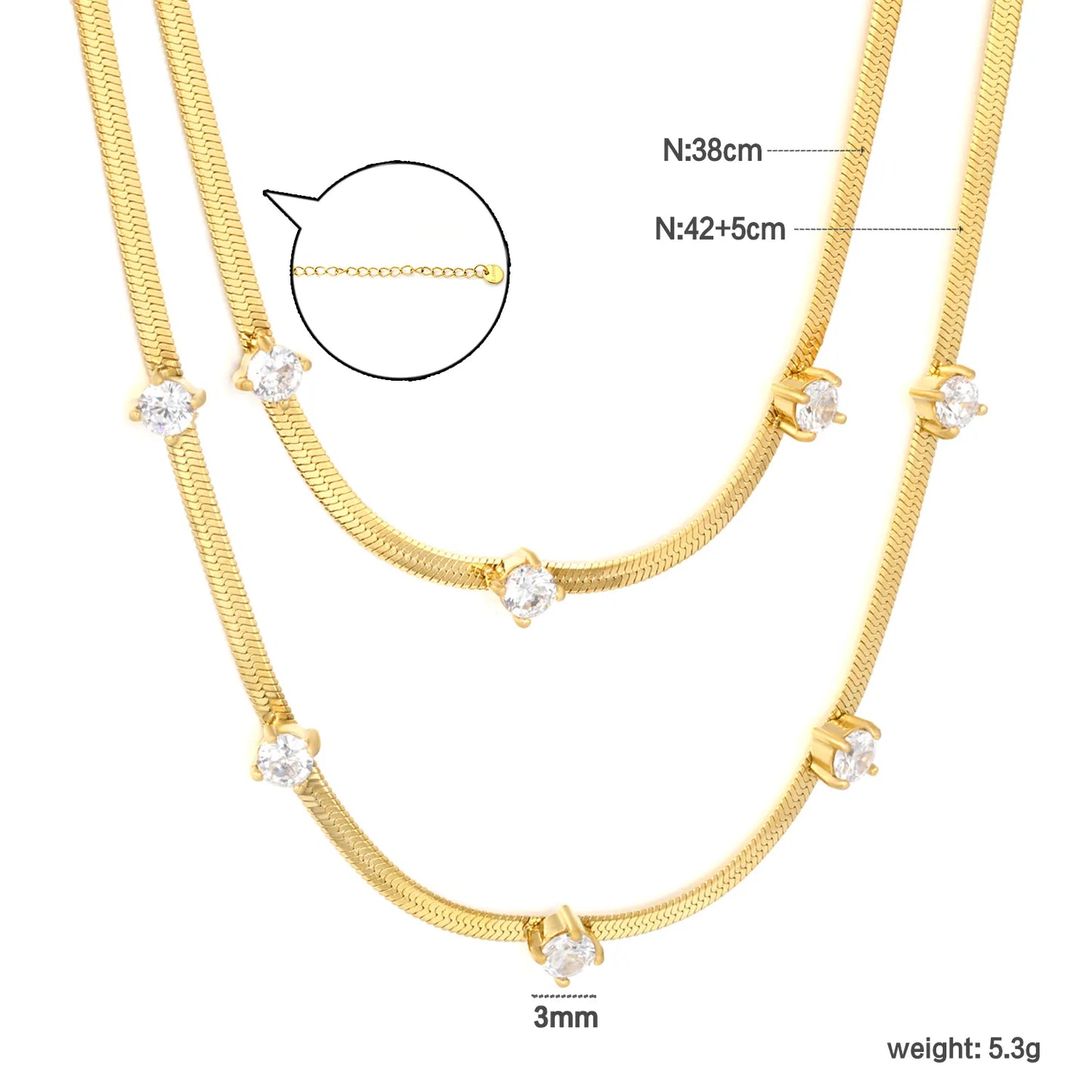 Two Layer Paved 3mm Round Zircon Flat Snake Chain Necklace | 18K Gold Plated Hypoallergenic Stainless Steel Dainty Stackable Necklaces Wholesale Bulk Supply
