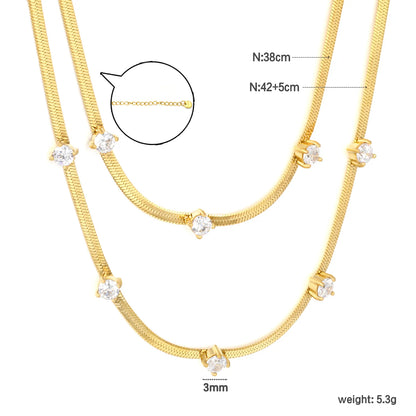 Two Layer Paved 3mm Round Zircon Flat Snake Chain Necklace | 18K Gold Plated Hypoallergenic Stainless Steel Dainty Stackable Necklaces Wholesale Bulk Supply