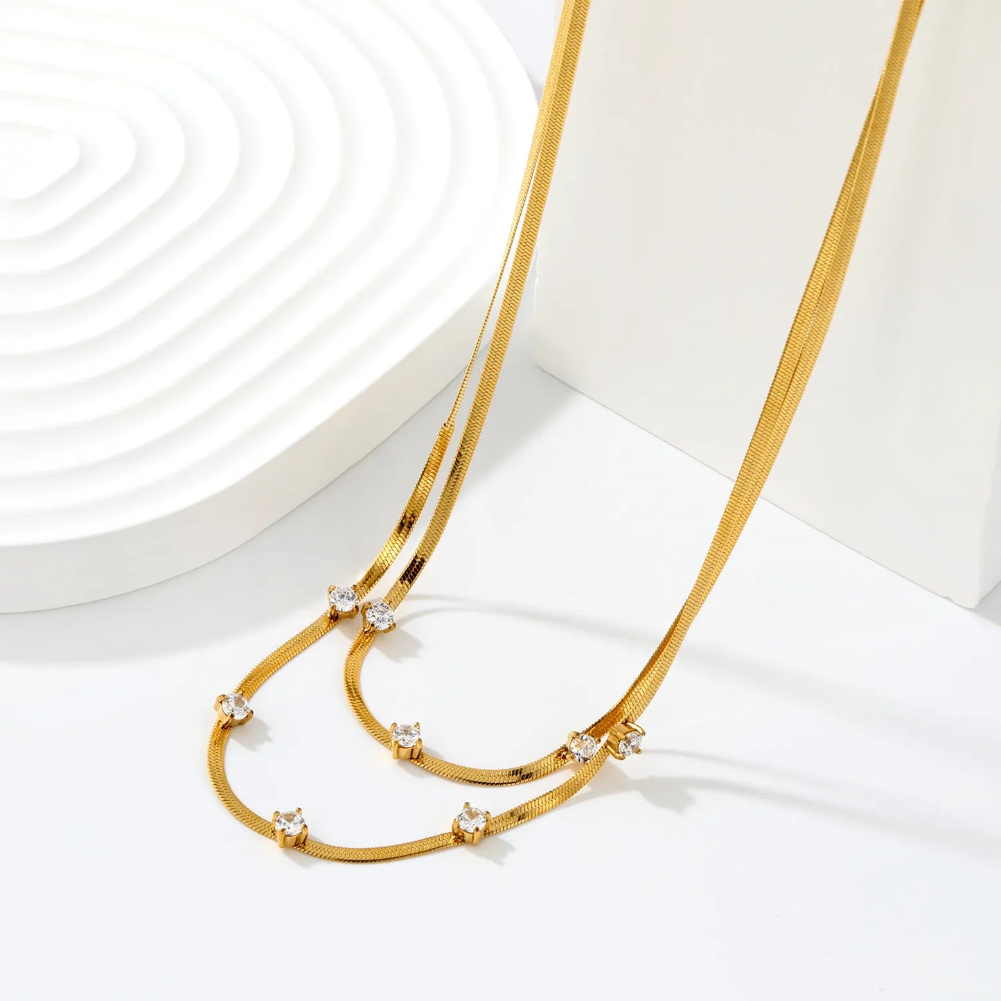 Two Layer Paved 3mm Round Zircon Flat Snake Chain Necklace | 18K Gold Plated Hypoallergenic Stainless Steel Dainty Stackable Necklaces Wholesale Bulk Supply