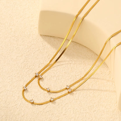 Two Layer Paved 3mm Round Zircon Flat Snake Chain Necklace | 18K Gold Plated Hypoallergenic Stainless Steel Dainty Stackable Necklaces Wholesale Bulk Supply