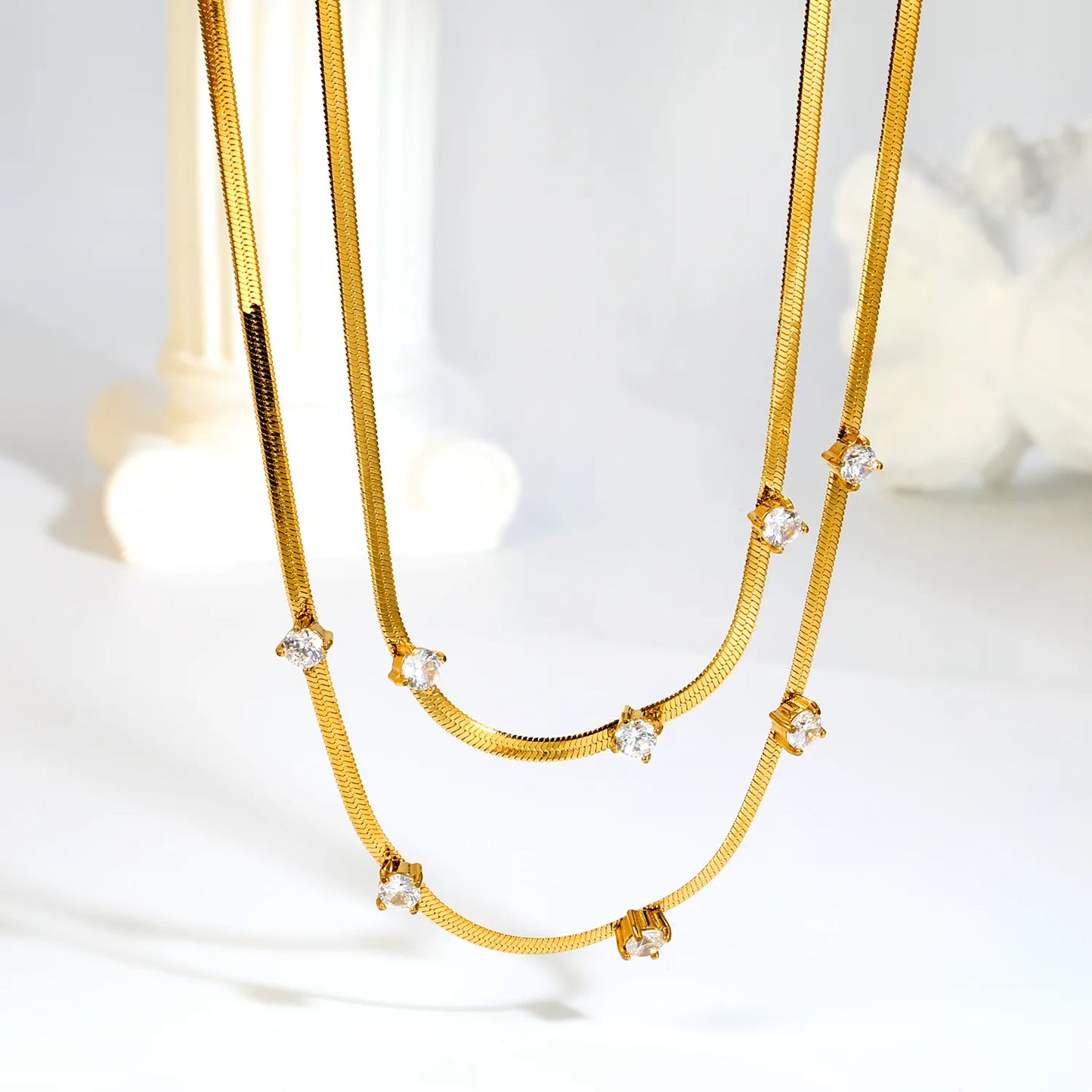 Two Layer Paved 3mm Round Zircon Flat Snake Chain Necklace | 18K Gold Plated Hypoallergenic Stainless Steel Dainty Stackable Necklaces Wholesale Bulk Supply
