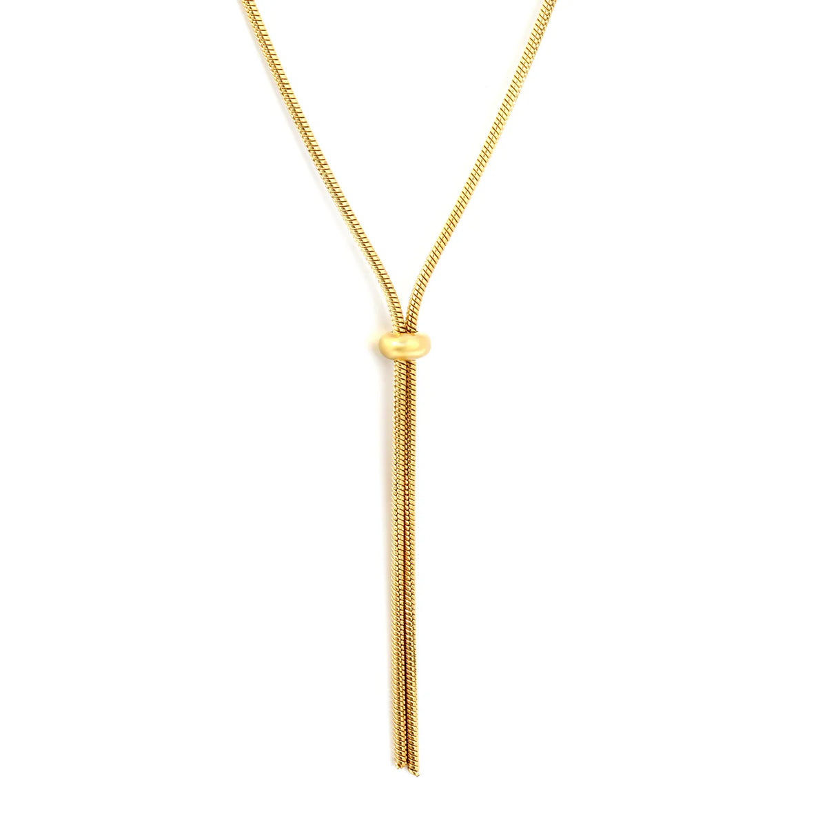 Adjustable Slider Barrel Long Snake Lariat Y Drop Necklace | 18K Gold Plated Hypoallergenic Stainless Steel Oversized Statement Necklace Wholesale MOQ 12