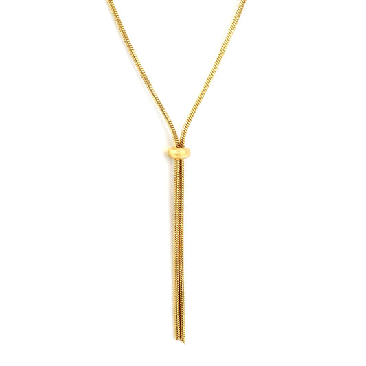 Adjustable Slider Barrel Long Snake Lariat Y Drop Necklace | 18K Gold Plated Hypoallergenic Stainless Steel Oversized Statement Necklace Wholesale MOQ 12