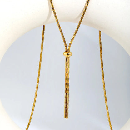 Adjustable Slider Barrel Long Snake Lariat Y Drop Necklace | 18K Gold Plated Hypoallergenic Stainless Steel Oversized Statement Necklace Wholesale MOQ 12