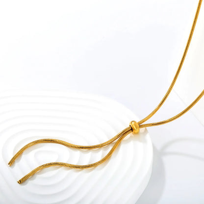 Adjustable Slider Barrel Long Snake Lariat Y Drop Necklace | 18K Gold Plated Hypoallergenic Stainless Steel Oversized Statement Necklace Wholesale MOQ 12