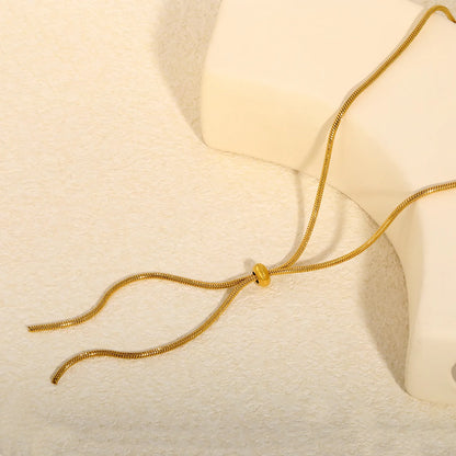 Adjustable Slider Barrel Long Snake Lariat Y Drop Necklace | 18K Gold Plated Hypoallergenic Stainless Steel Oversized Statement Necklace Wholesale MOQ 12