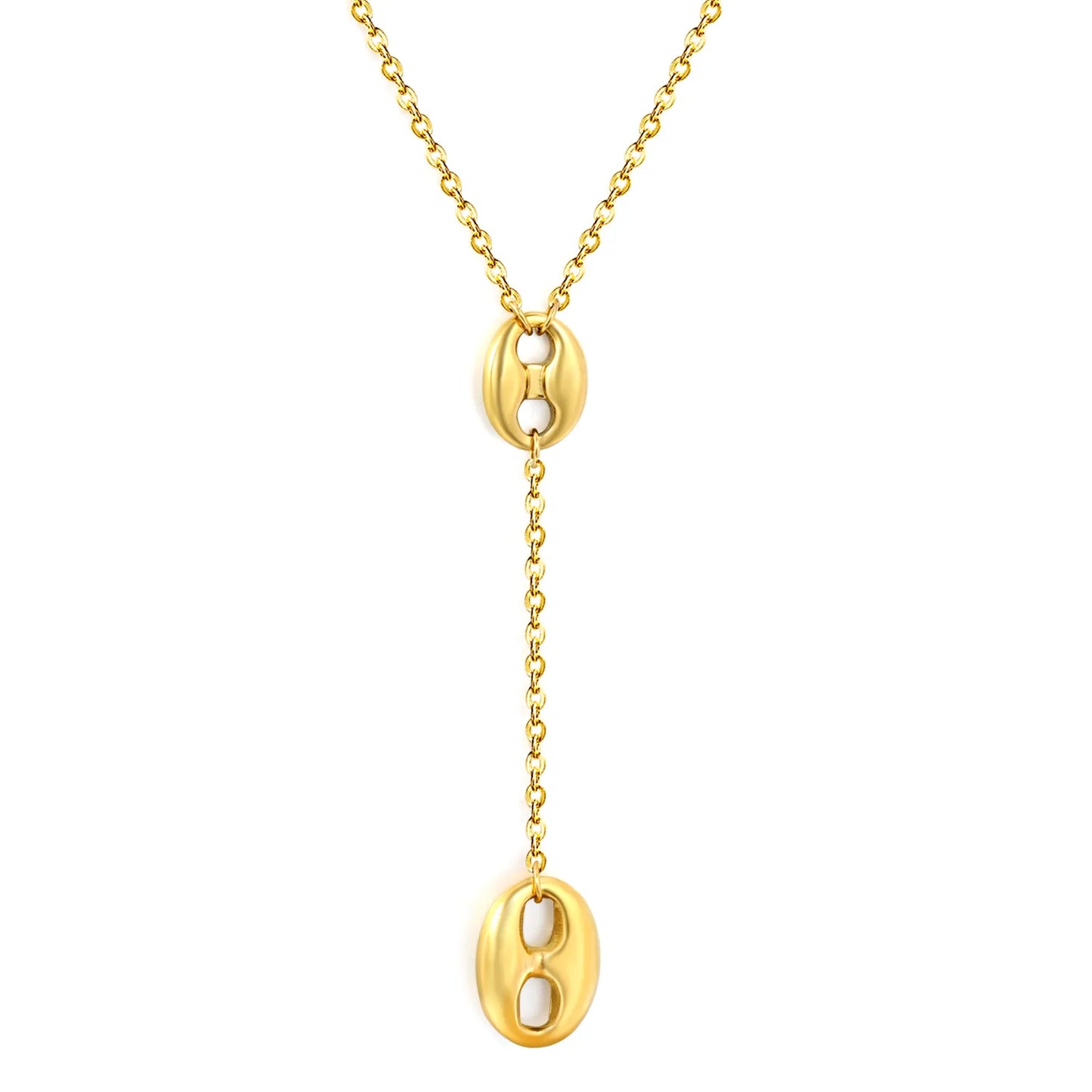 Dual Size Pig Nose Link Y Drop Lariat Necklace | 55+5cm Adjustable Cable Chain | Two Oval Hollow Coffee Bean Charms |