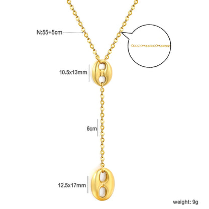 Dual Size Pig Nose Link Y Drop Lariat Necklace | 55+5cm Adjustable Cable Chain | Two Oval Hollow Coffee Bean Charms |