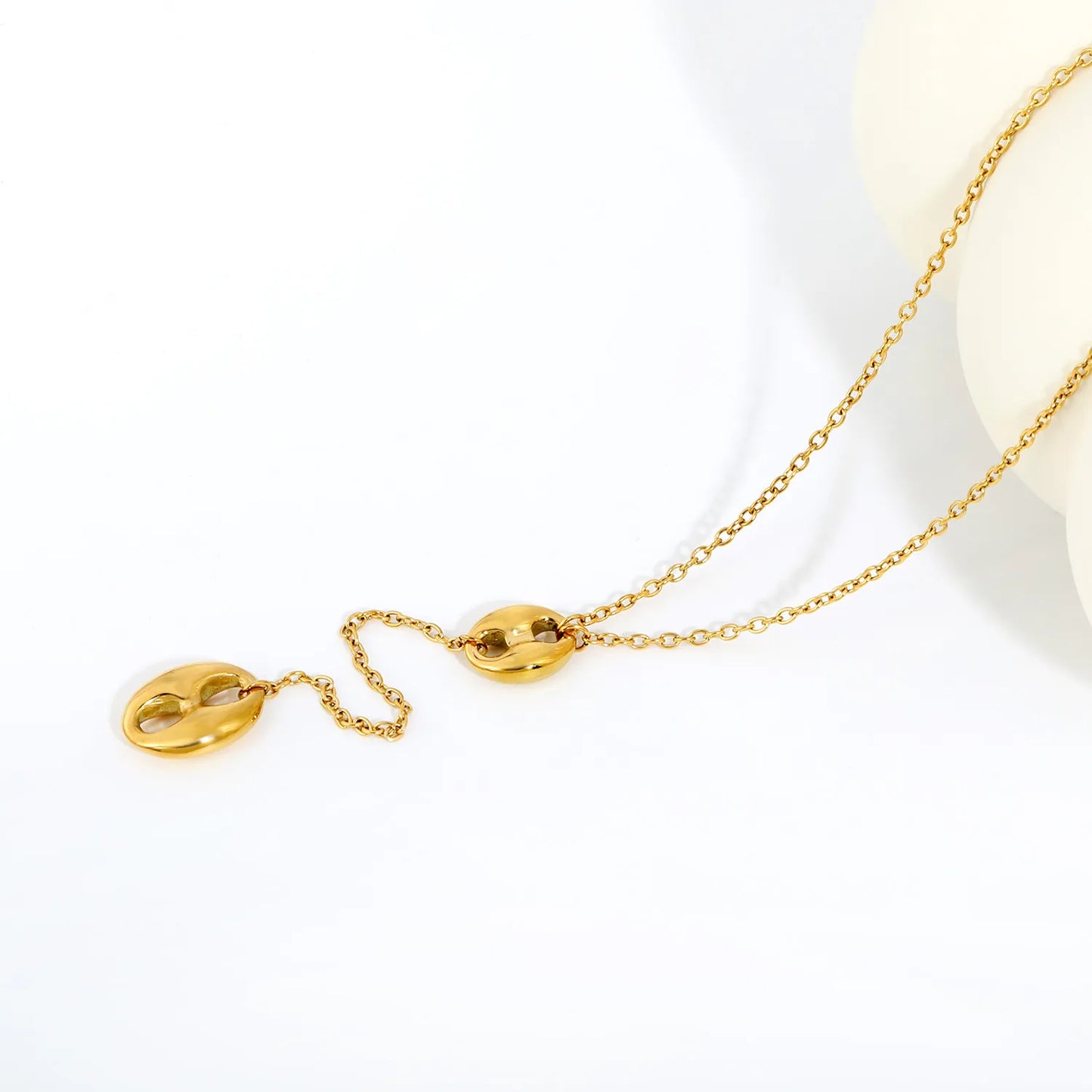 Dual Size Pig Nose Link Y Drop Lariat Necklace | 55+5cm Adjustable Cable Chain | Two Oval Hollow Coffee Bean Charms |
