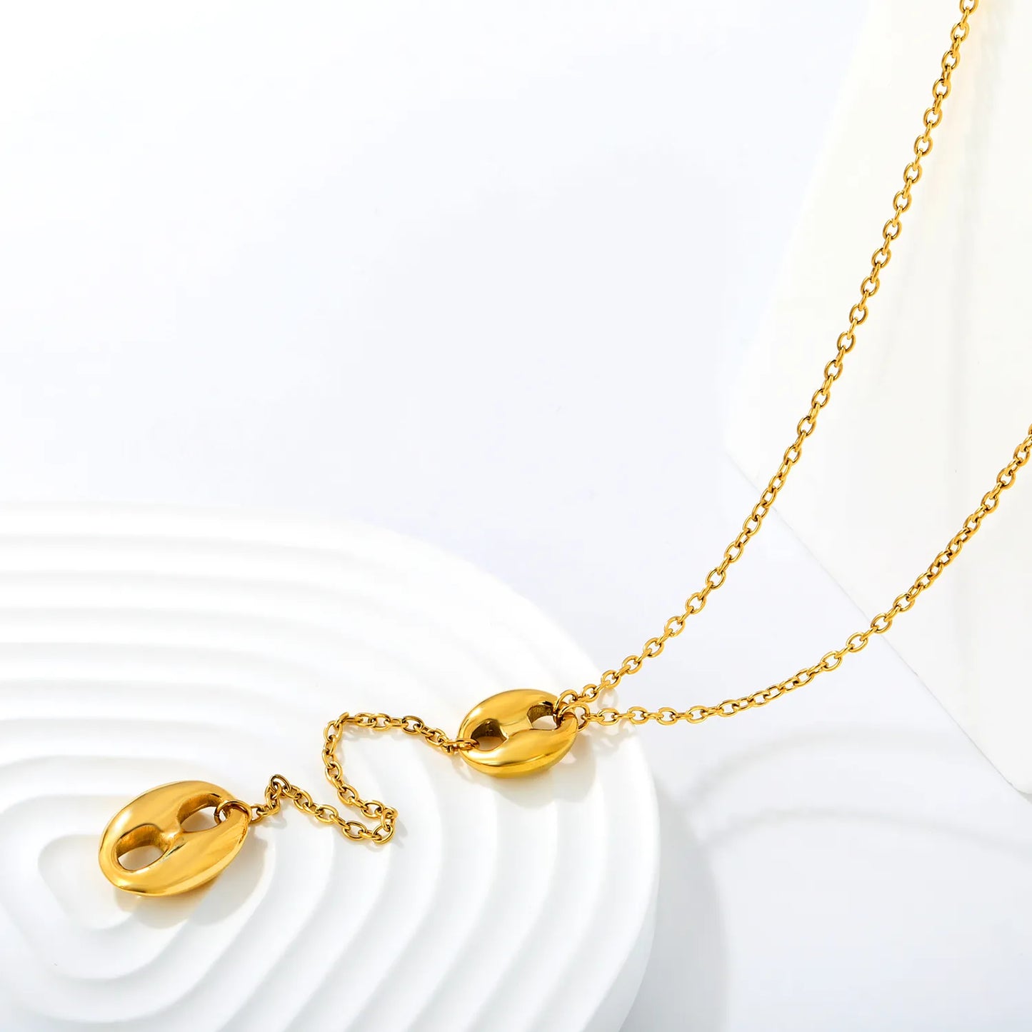 Dual Size Pig Nose Link Y Drop Lariat Necklace | 55+5cm Adjustable Cable Chain | Two Oval Hollow Coffee Bean Charms |