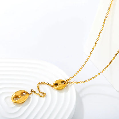 Dual Size Pig Nose Link Y Drop Lariat Necklace | 55+5cm Adjustable Cable Chain | Two Oval Hollow Coffee Bean Charms |
