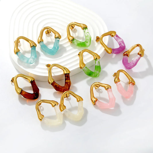 Colorful Translucent Statement Two-Tone Resin Irregular Hoop Earrings | 18K Gold Plated Hypoallergenic Stainless Steel
