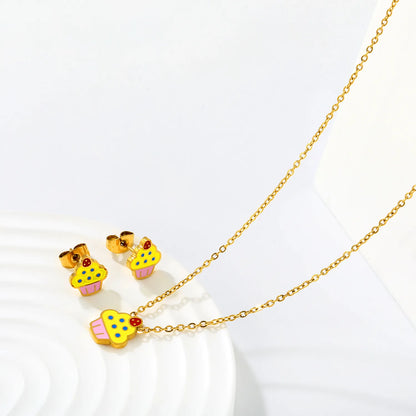 Color Enamel Cupcake Cartoon Matching Jewelry Set Necklace & Stud Earrings | Kids Dessert Themed Accessory Kit | 40+5cm Adjustable Cable Chain