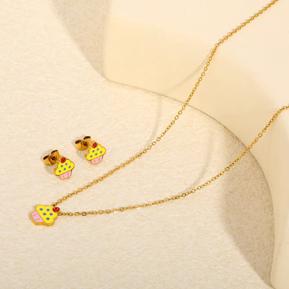 Color Enamel Cupcake Cartoon Matching Jewelry Set Necklace & Stud Earrings | Kids Dessert Themed Accessory Kit | 40+5cm Adjustable Cable Chain